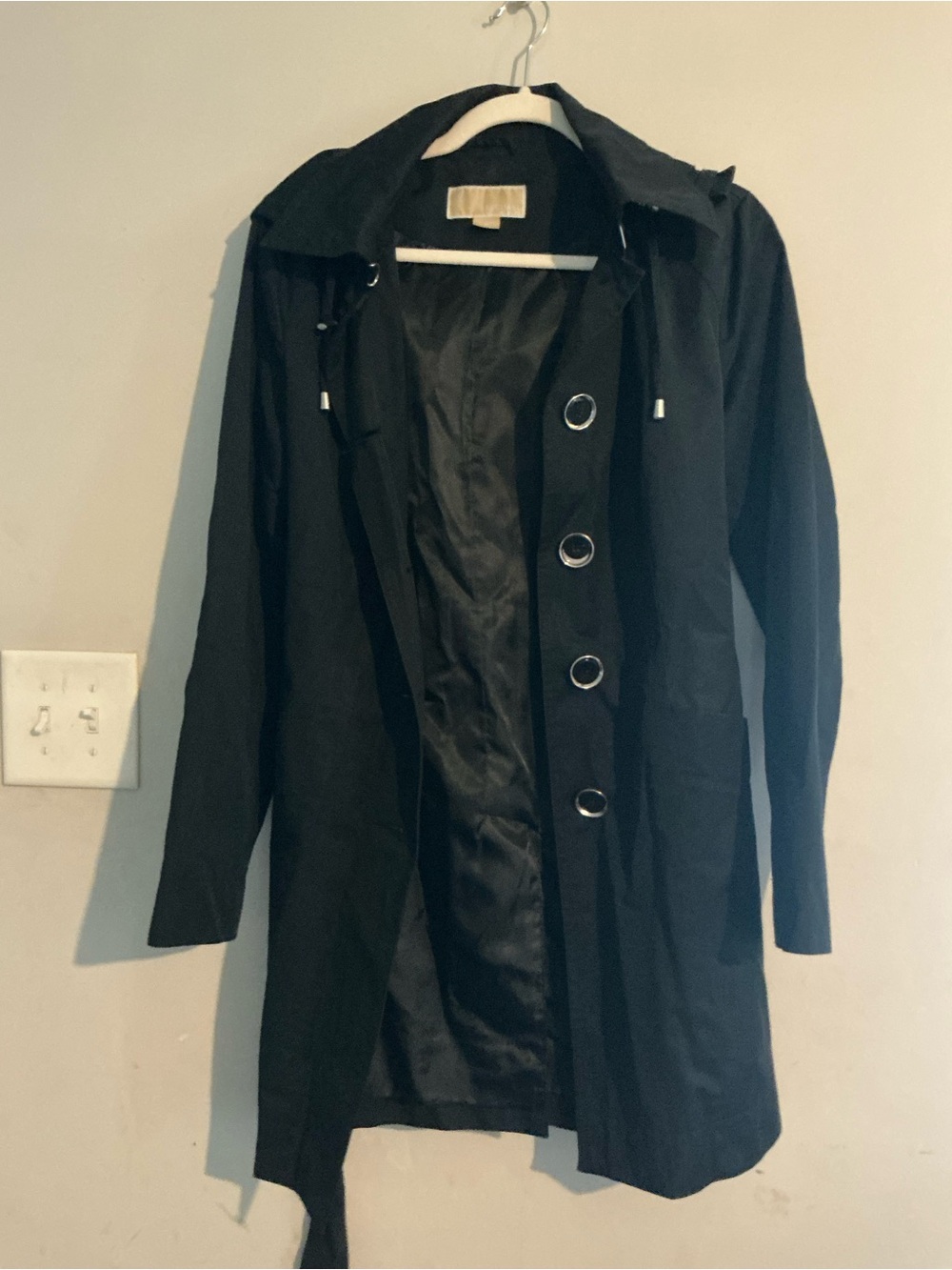 Michael Kors Black Hooded Trench Coat with Ring-Button Detail